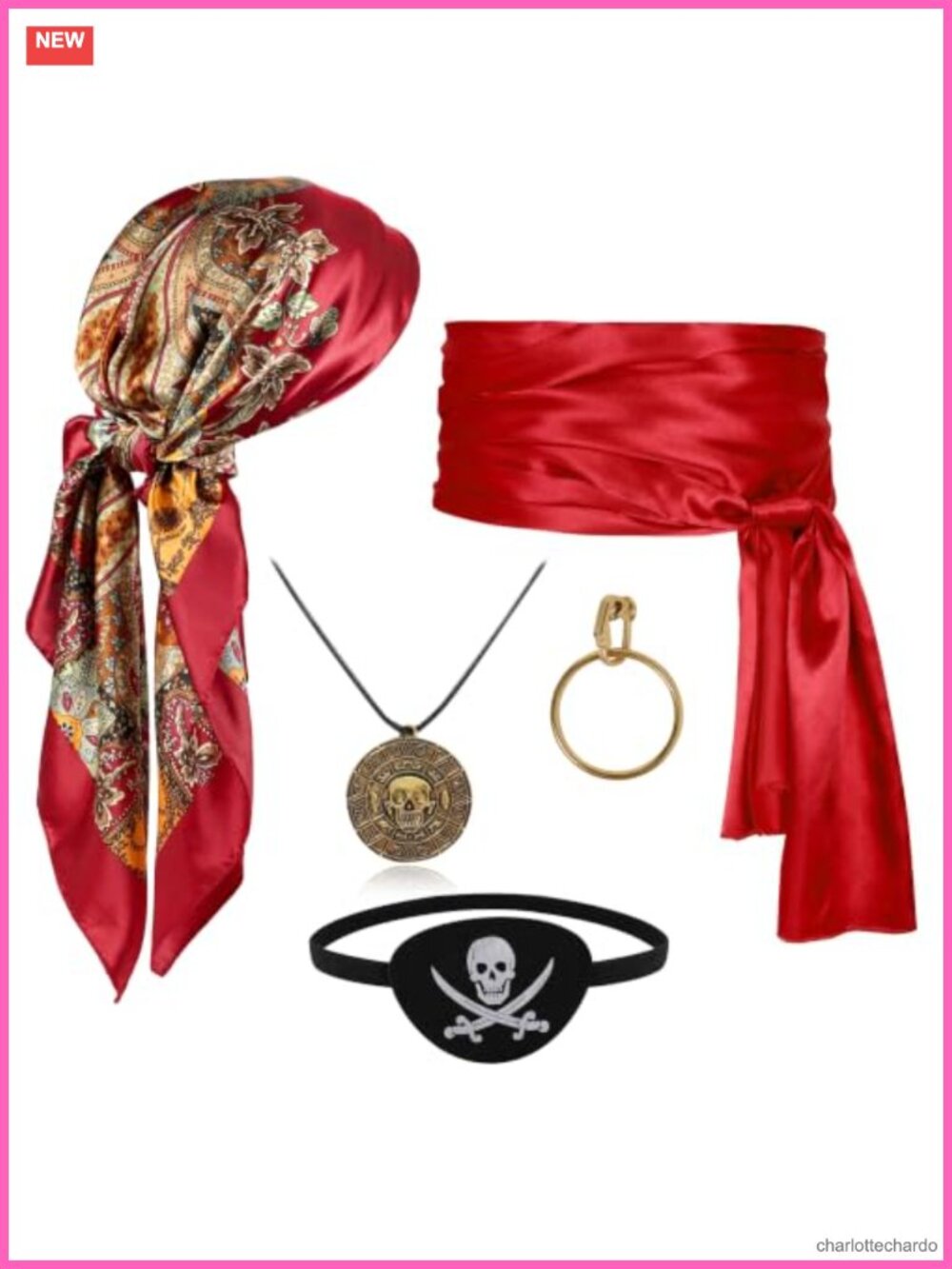 Pirate Costume Accessory Set 5Pc Bandana Sash Eye Patch Necklace Earring